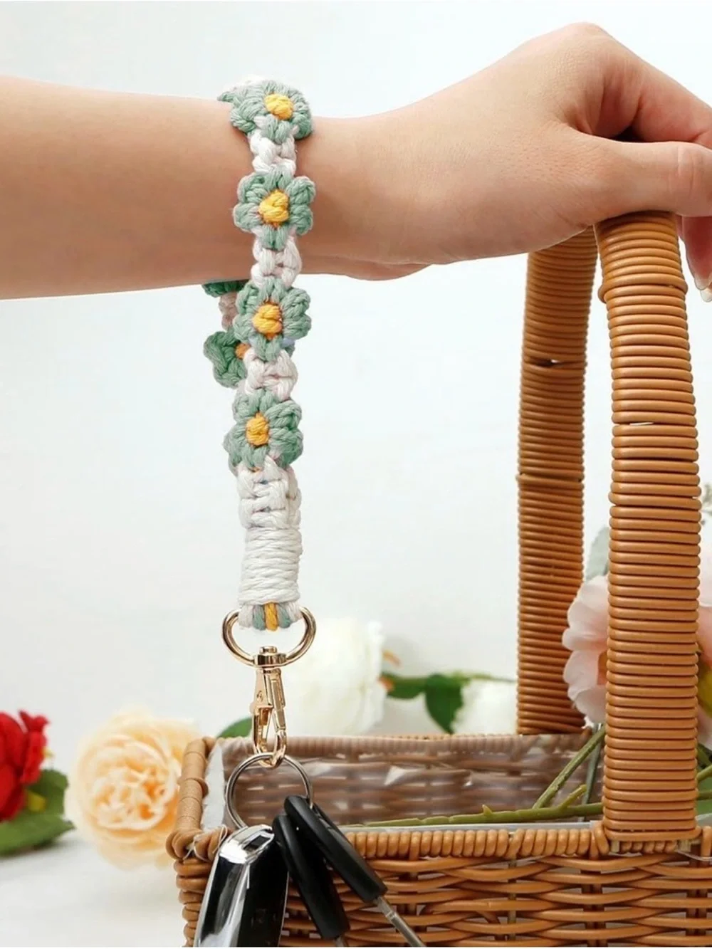 Handmade Green & White Crochet Floral Wristlet with Gold Clip